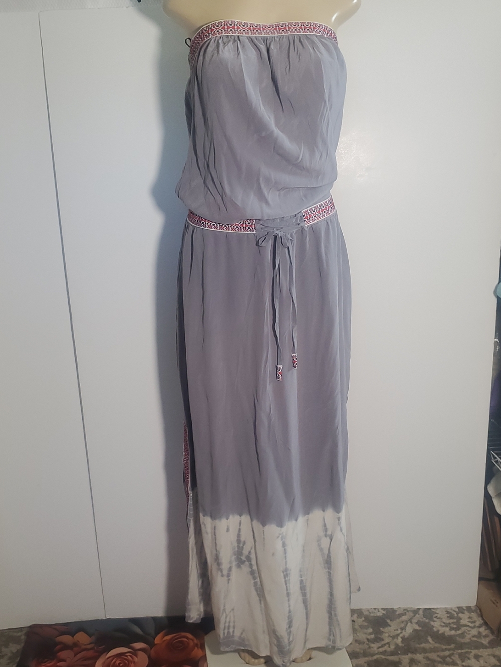 Gypsy 05 Cairo 100% Silk Strapless Gray & White Tie-Dye Maxi Dress Size S